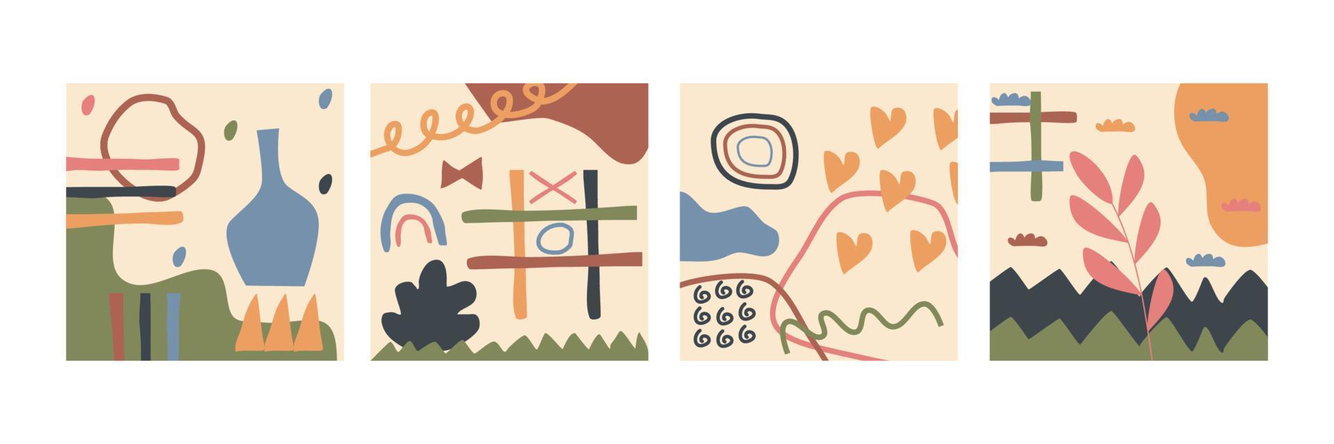 Set of abstract backgrounds. Hand drawn various shapes and doodle objects. Contemporary modern trendy vector illustrations. Every background is isolated. Hand drawn organic shapes.