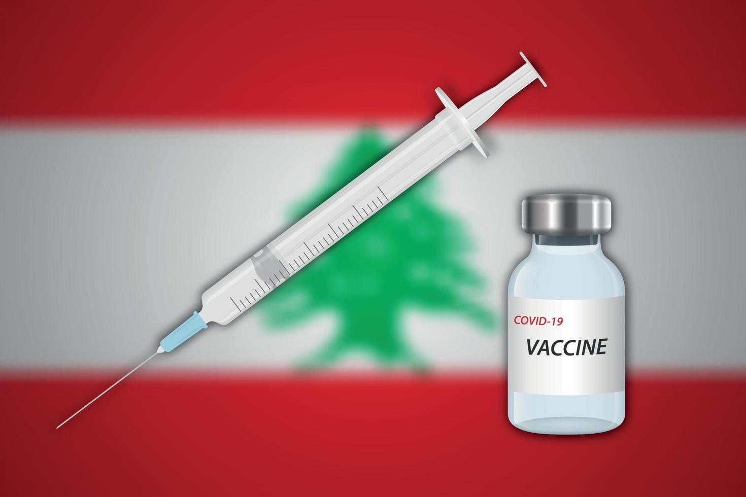 Syringe and vaccine vial on blur background with Lebanon flag vector