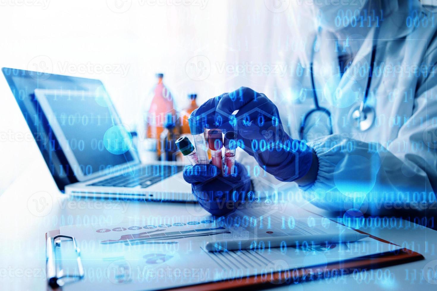 Medicine doctor and stethoscope touching icon medical network connection with modern interface on digital tablet in hospital background. Medical technology network concept photo
