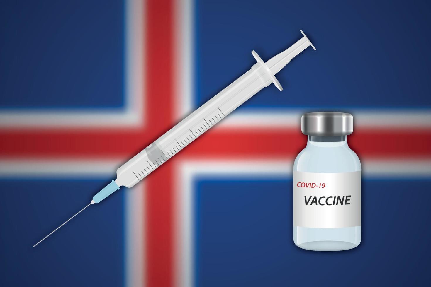 Syringe and vaccine vial on blur background with Iceland flag, vector
