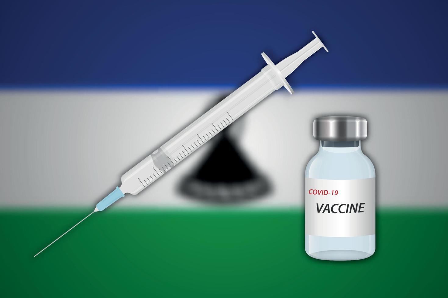 Syringe and vaccine vial on blur background with Lesotho flag, vector