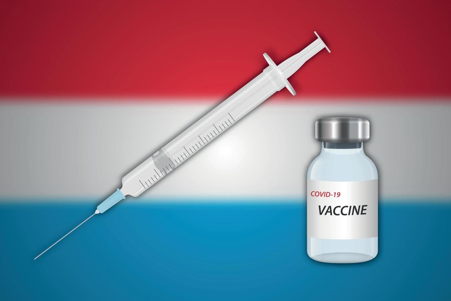 jeringa y vial de vacuna sobre fondo borroso con bandera de luxemburgo vector