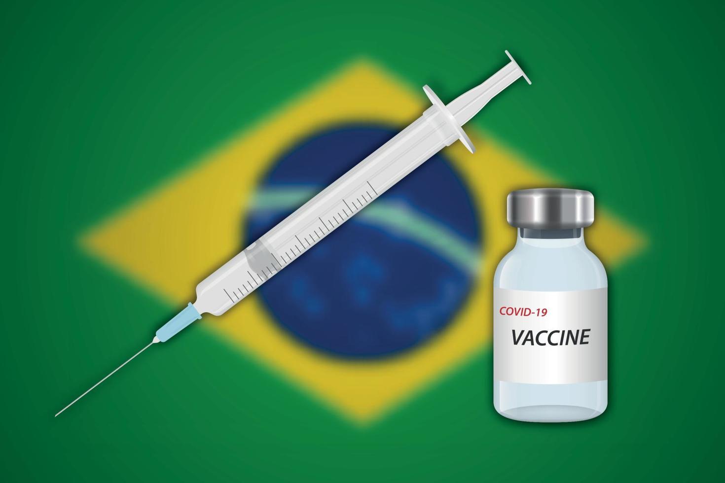 Syringe and vaccine vial on blur background with Brazil flag vector