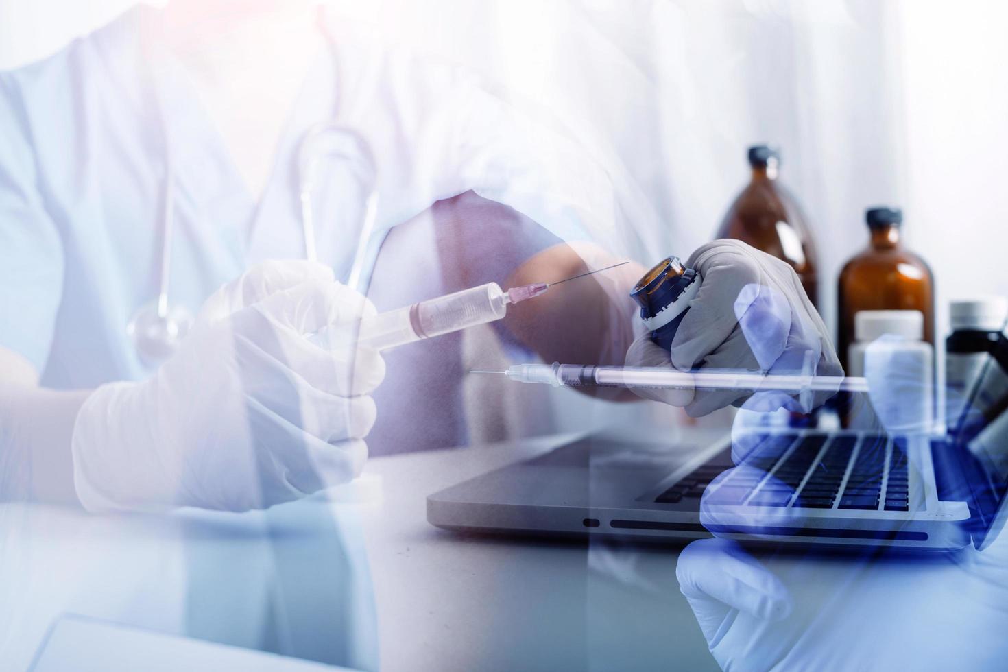 Medicine doctor and stethoscope touching icon medical network connection with modern interface on digital tablet in hospital background. Medical technology network concept photo