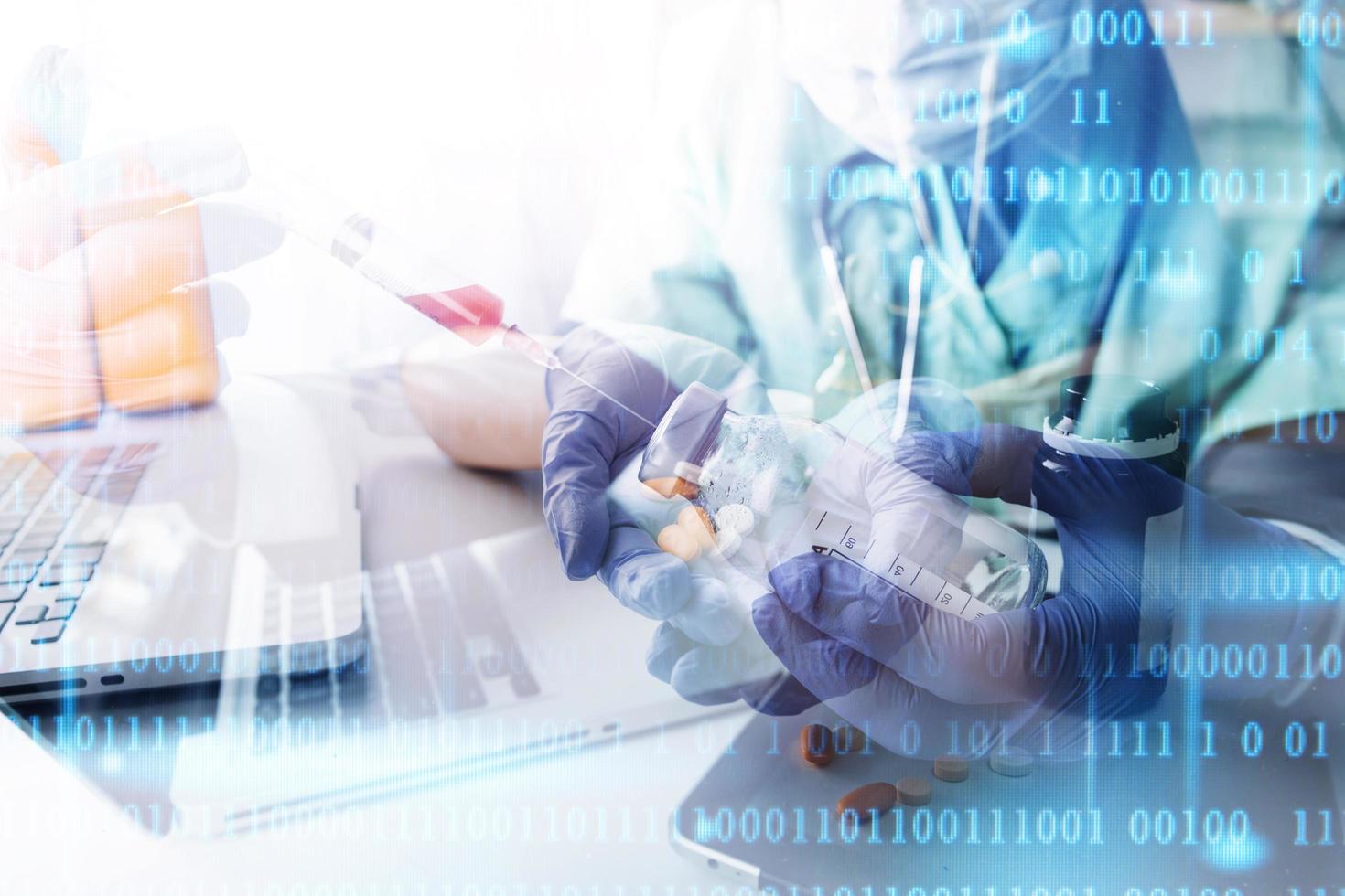 Medicine doctor and stethoscope touching icon medical network connection with modern interface on digital tablet in hospital background. Medical technology network concept photo