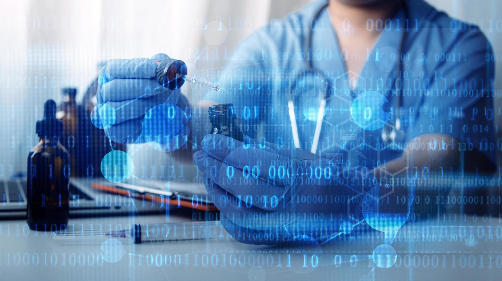 Medicine doctor and stethoscope touching icon medical network connection with modern interface on digital tablet in hospital background. Medical technology network concept photo