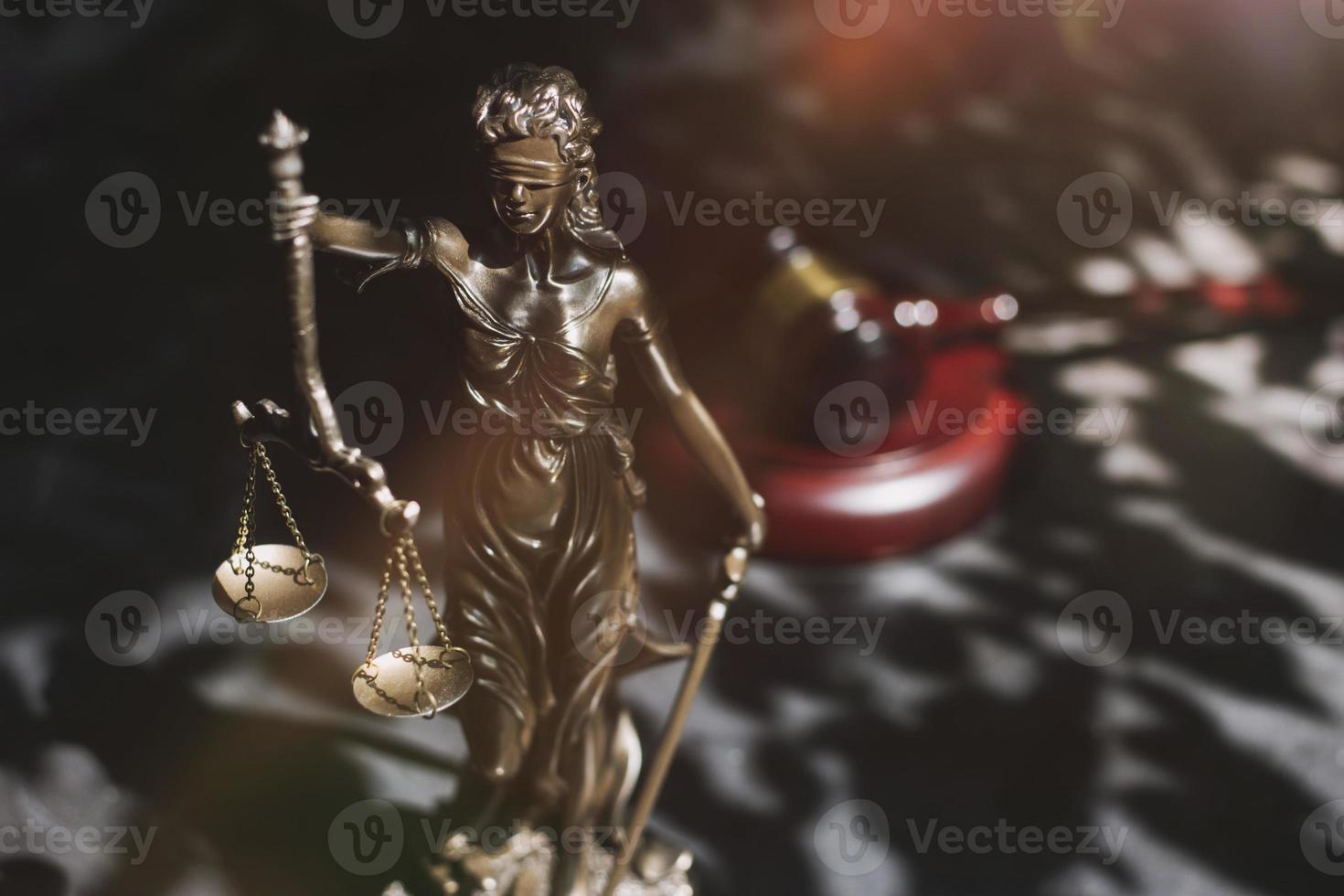 Business and lawyers discussing contract papers with brass scale on desk in office. Law, legal services, advice, justice and law concept picture with film grain effect photo