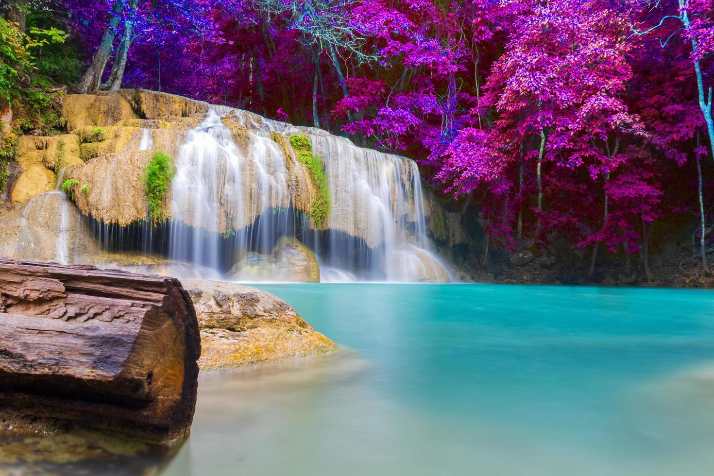 cascada de erawan y hermosas hojas rosadas, cascada de erawan, kanchanaburi, tailandia foto