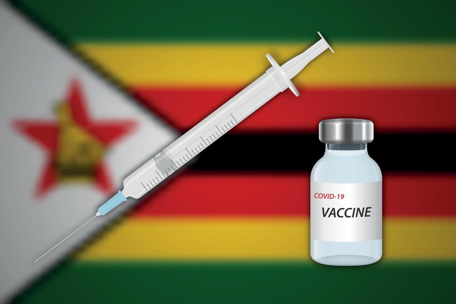 Syringe and vaccine vial on blur background with Zimbabwe flag, vector