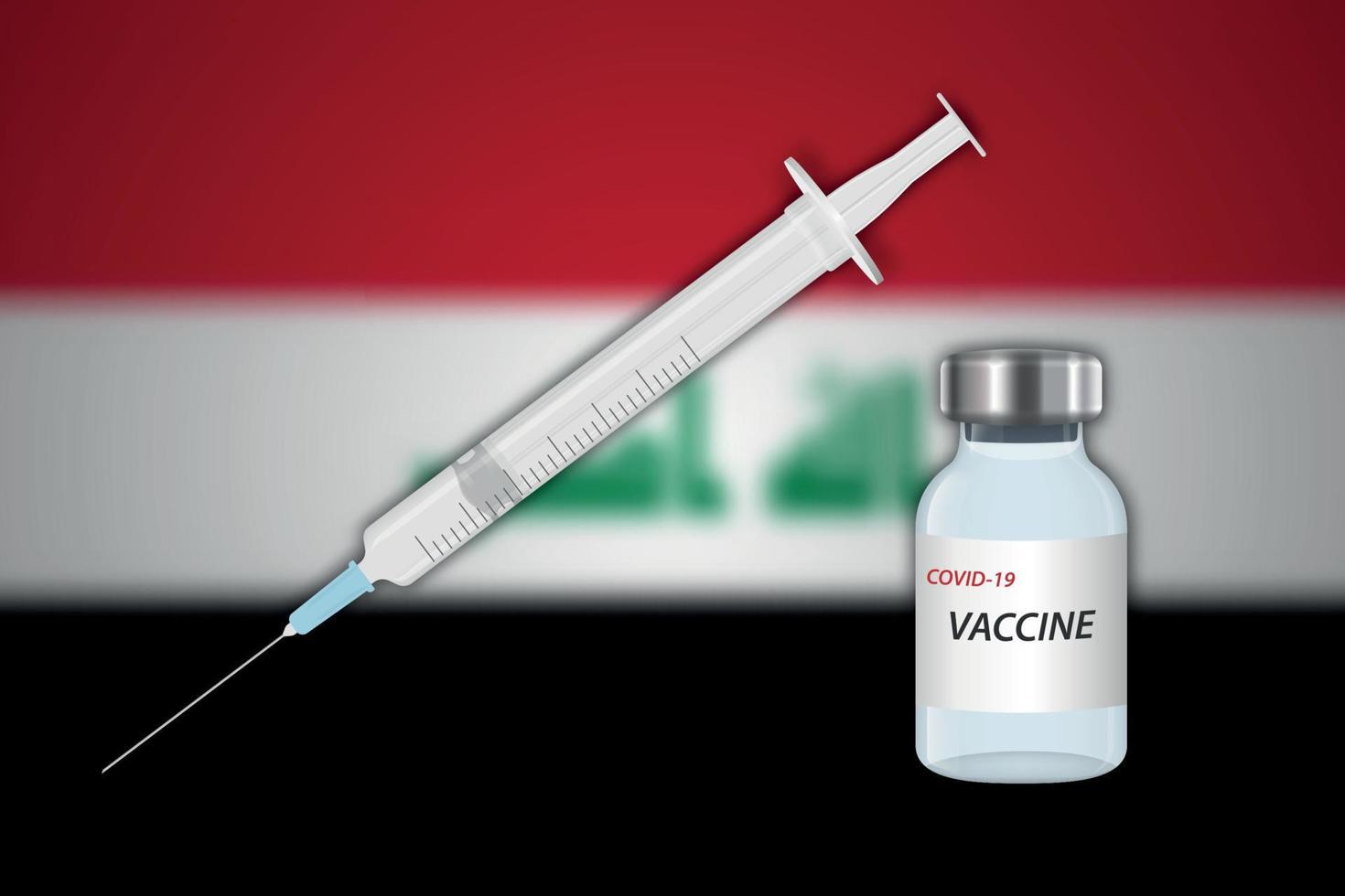 Syringe and vaccine vial on blur background with Iraq flag, vector