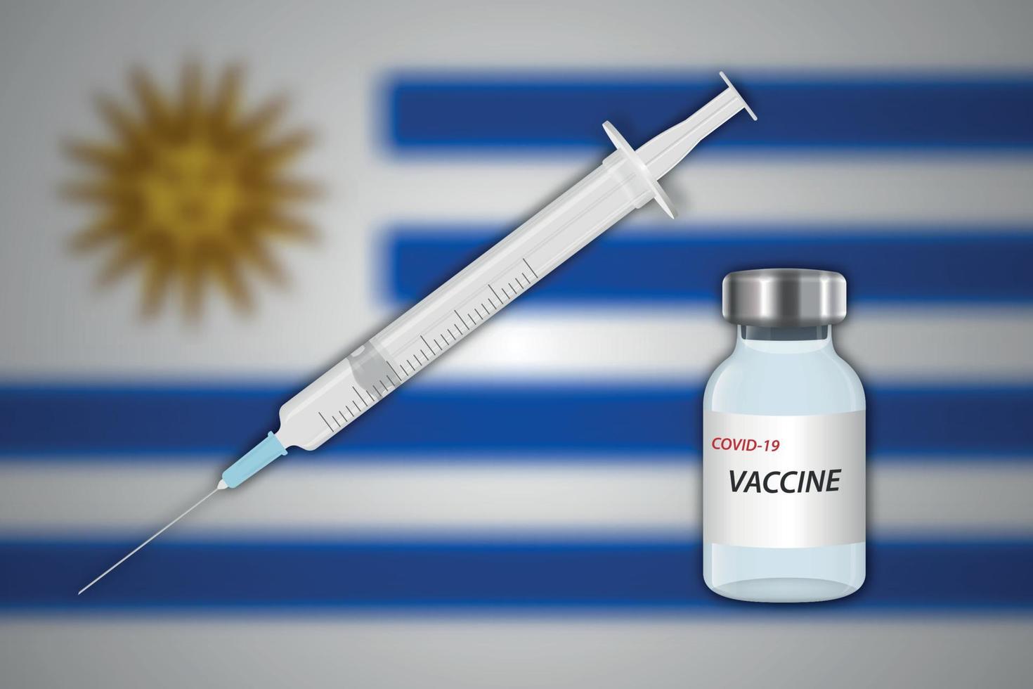 Syringe and vaccine vial on blur background with Uruguay flag vector