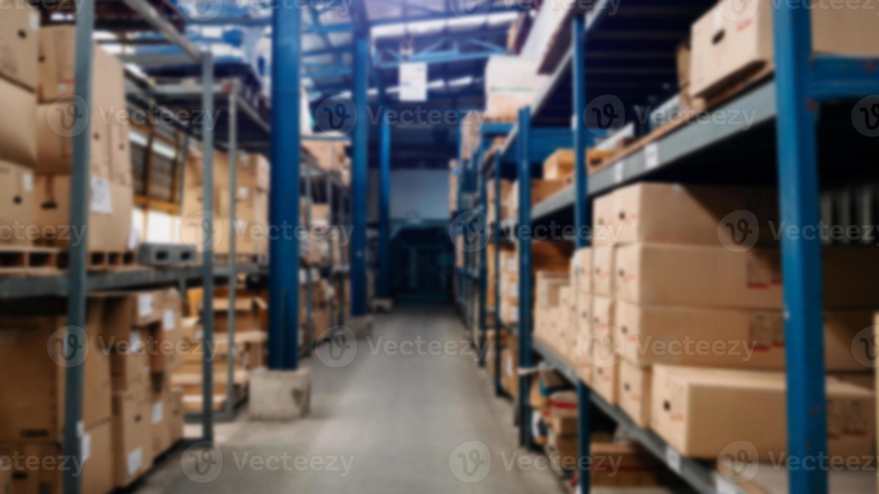 Passageway in a huge distribution warehouse with high shelves. Bottom view. warehouse background concept photo