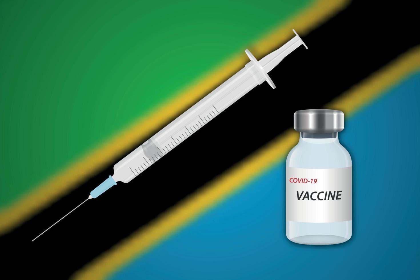 Syringe and vaccine vial on blur background with Tanzania flag, vector