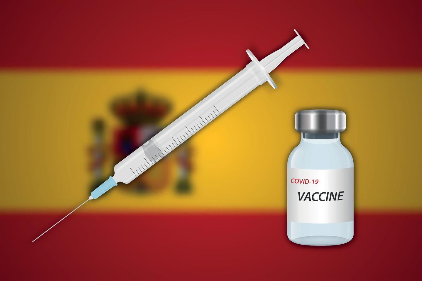 Syringe and vaccine vial on blur background with Spain flag vector