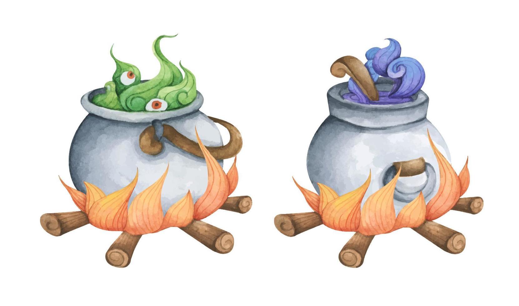 Set of Witch Cauldron, Steel black cauldron with boiling magic potion. Watercolor illustration for Halloween. vector