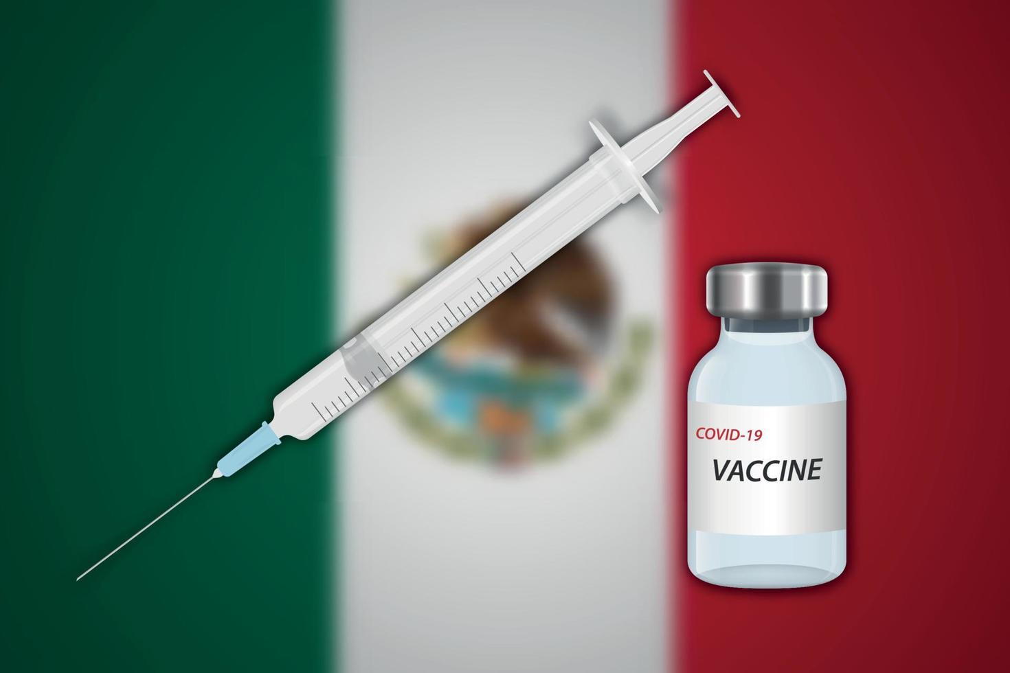 Syringe and vaccine vial on blur background with Mexico flag vector