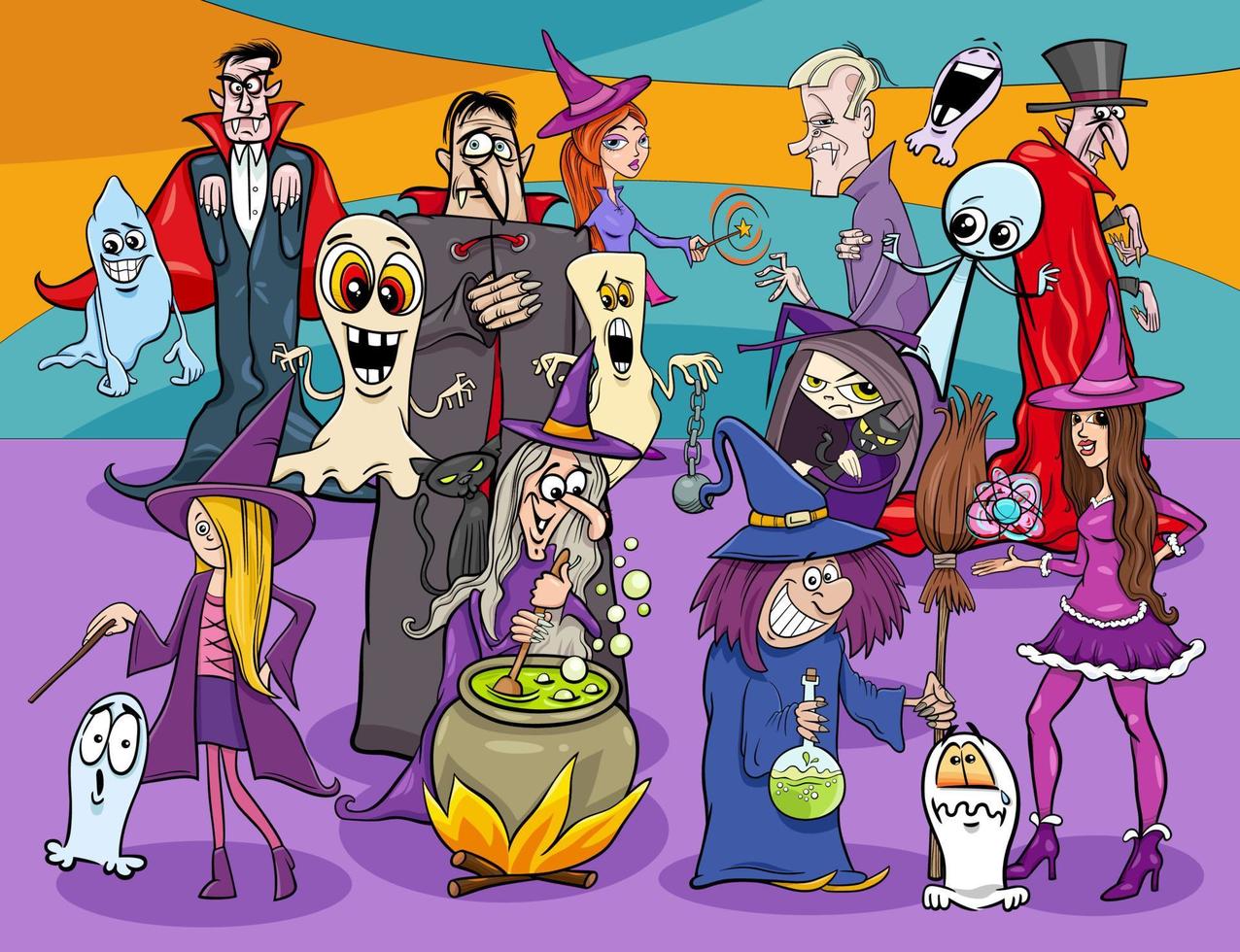 cartoon halloween holiday scary characters group vector