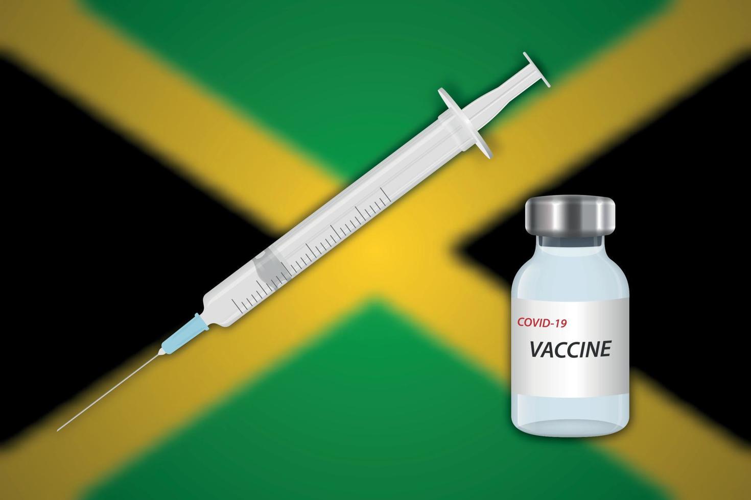 Syringe and vaccine vial on blur background with Jamaica flag, vector