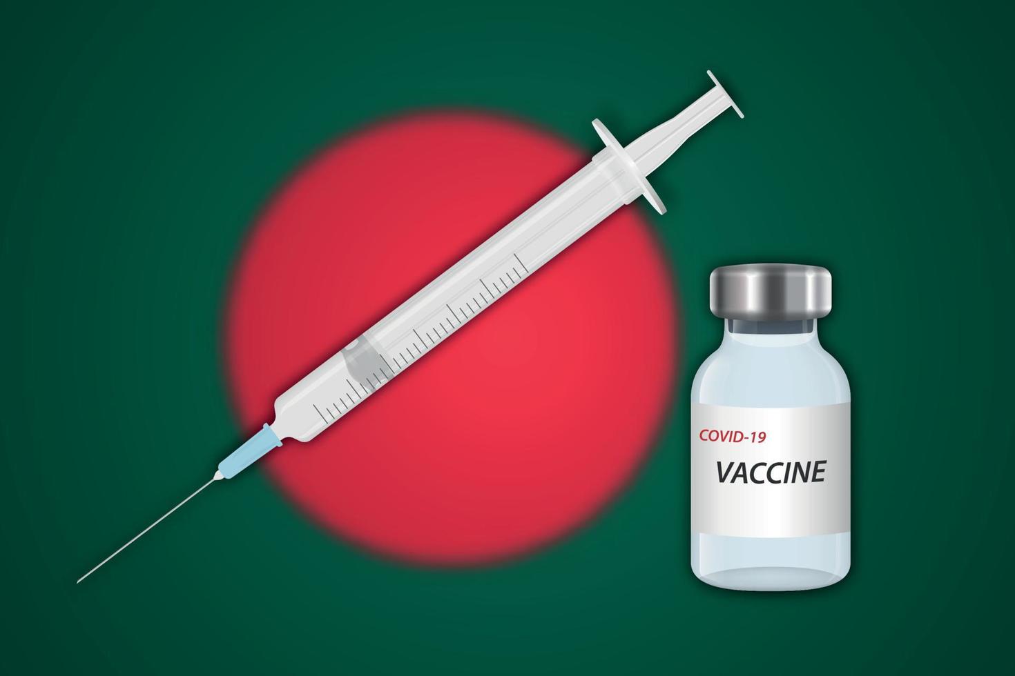 jeringa y vial de vacuna sobre fondo borroso con bandera de bangladesh vector