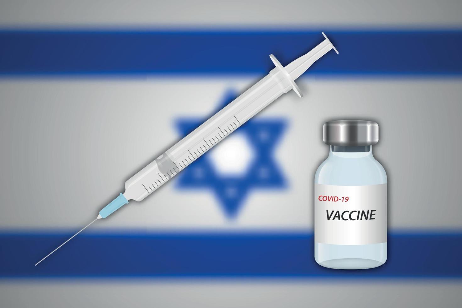 Syringe and vaccine vial on blur background with Israel flag vector