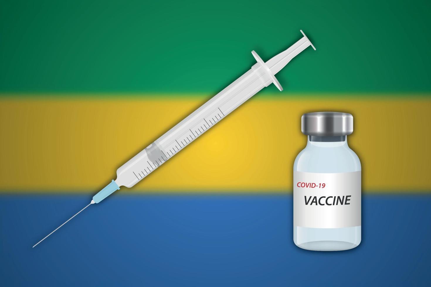 Syringe and vaccine vial on blur background with Gabon flag, vector