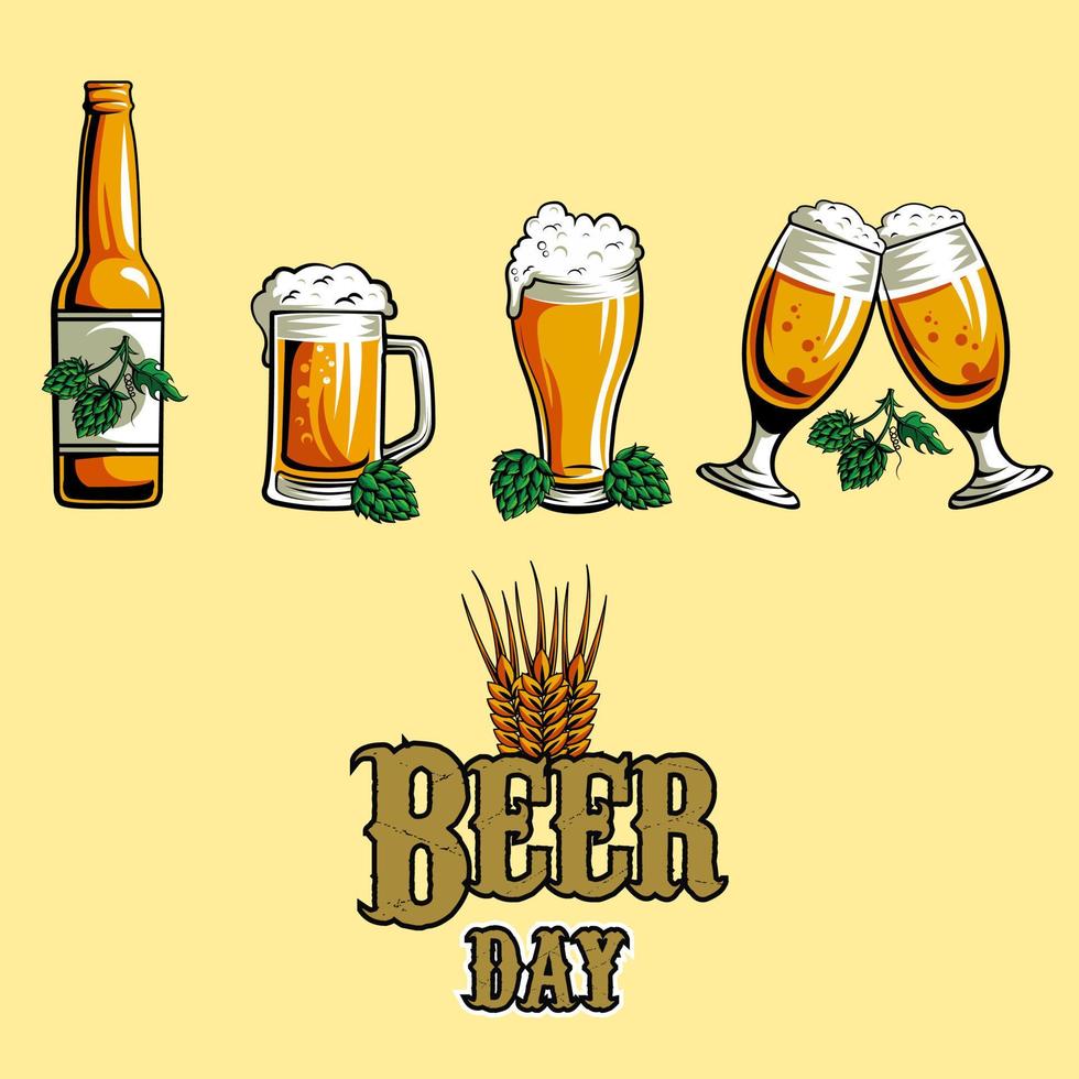 International beer day, august, bottle, can and cup glass of beer vector