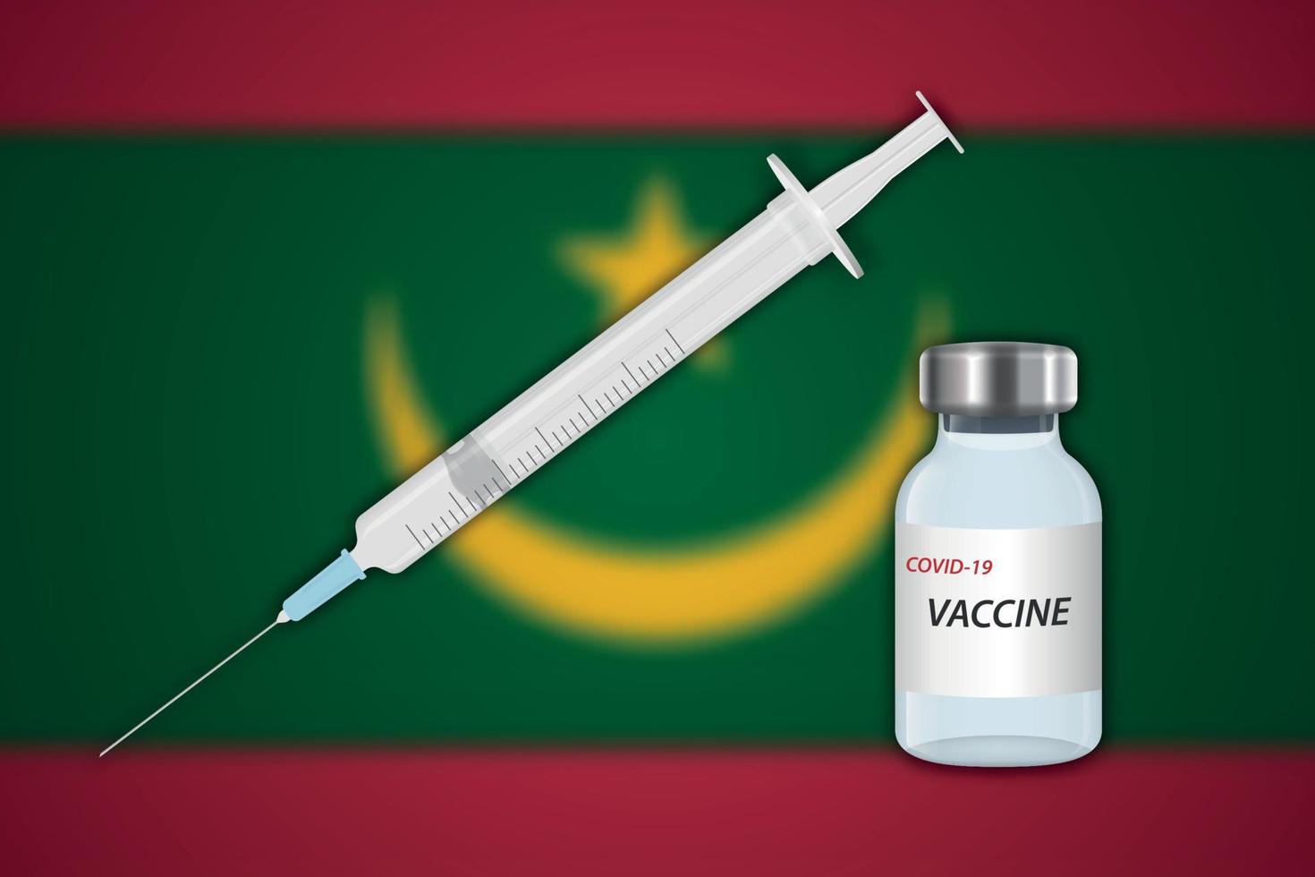jeringa y vial de vacuna sobre fondo borroso con bandera de mauritania vector