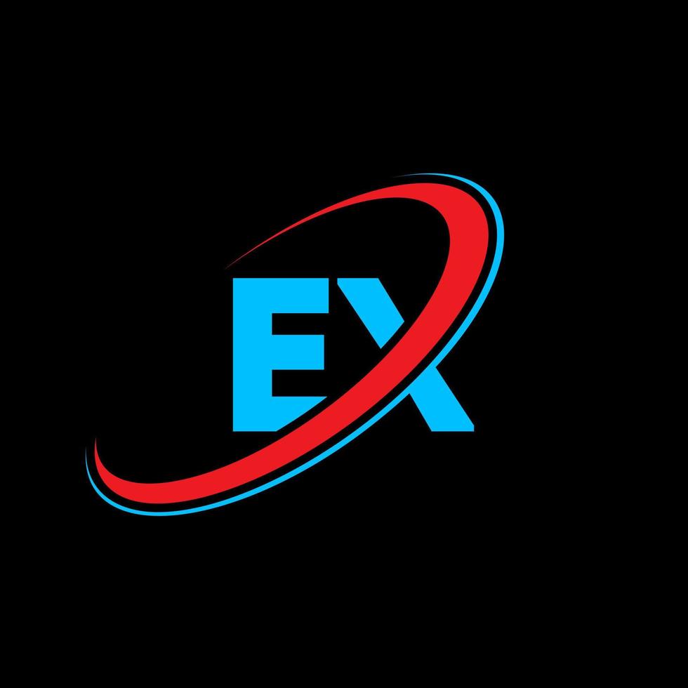 EX E X letter logo design. Initial letter EX linked circle uppercase monogram logo red and blue. EX logo, E X design. ex, e x vector