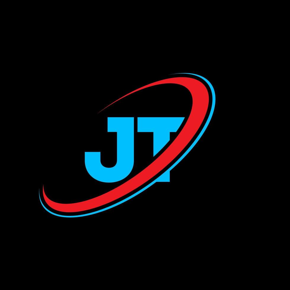 JT J T letter logo design. Initial letter JT linked circle uppercase monogram logo red and blue. JT logo, J T design. jt, j t vector