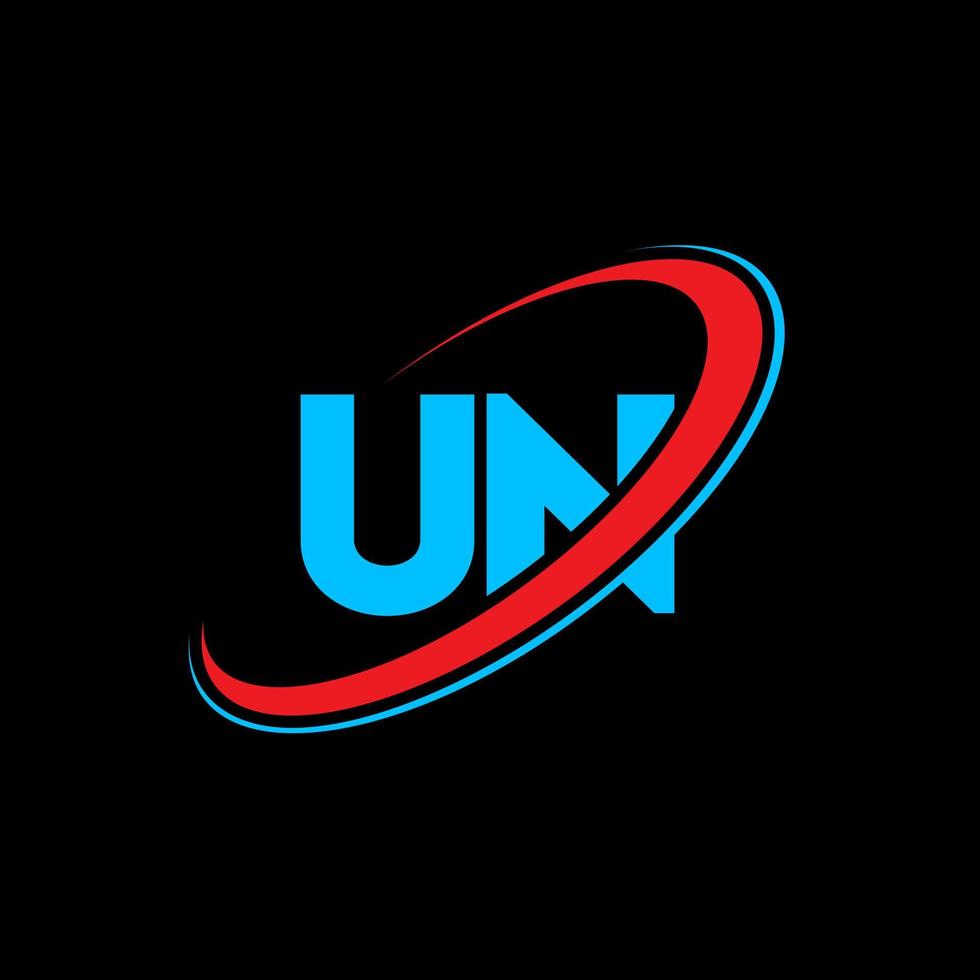 un logotipo. un diseño letra azul y roja de la onu. diseño del logotipo de la letra de la onu. letra inicial un círculo vinculado logotipo monograma en mayúsculas. vector