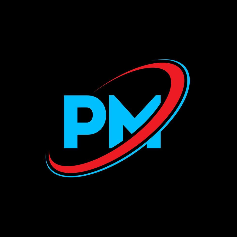 diseño del logotipo de la letra pm pm. letra inicial pm círculo vinculado en mayúsculas logo monograma rojo y azul. logotipo de la tarde, diseño de la tarde. tarde, tarde vector