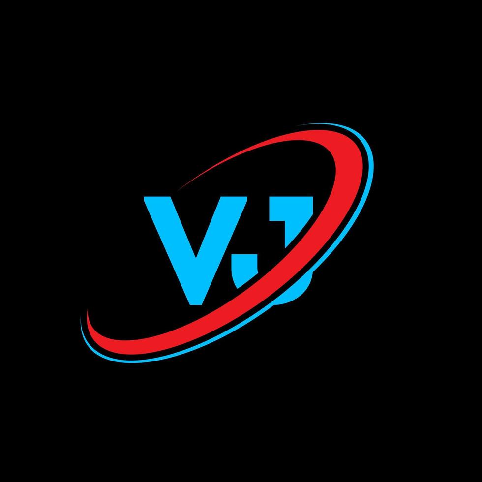 VJ V J letter logo design. Initial letter VJ linked circle uppercase monogram logo red and blue. VJ logo, V J design. vj, v j vector