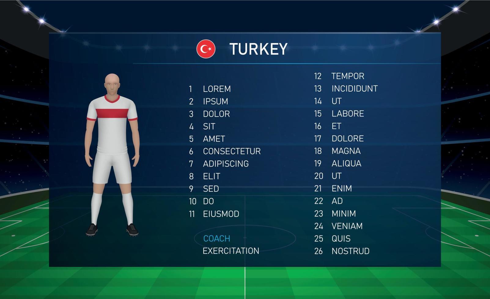 Football scoreboard broadcast graphic with squad soccer team Turkey vector