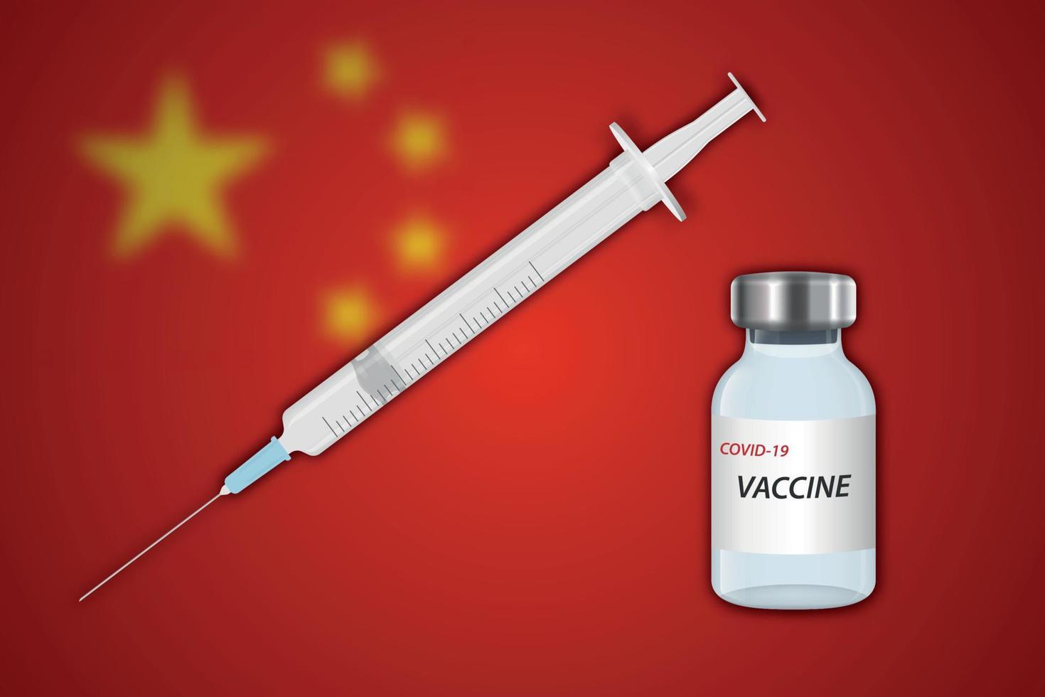 Syringe and vaccine vial on blur background with China flag vector