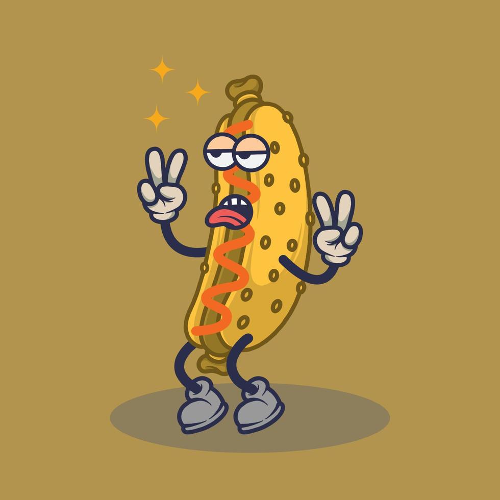Bored Hotdog with peace stuck out tongue expression sticker. vector