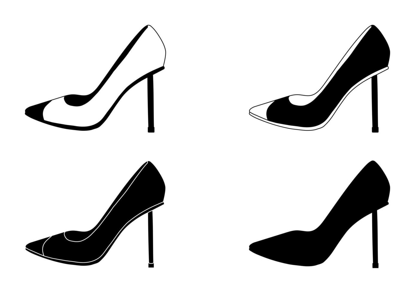 conjunto de contorno silueta en blanco y negro de zapatos de mujer con tacones, tacones de aguja, modelo, accesorio. vector