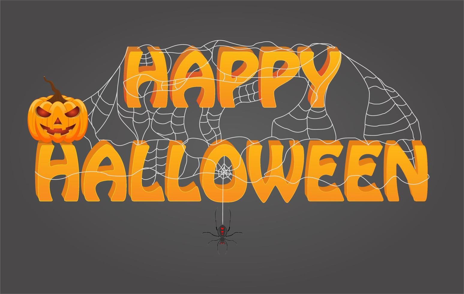 feliz halloween texto en 3d con araña aterradora y calabaza vector