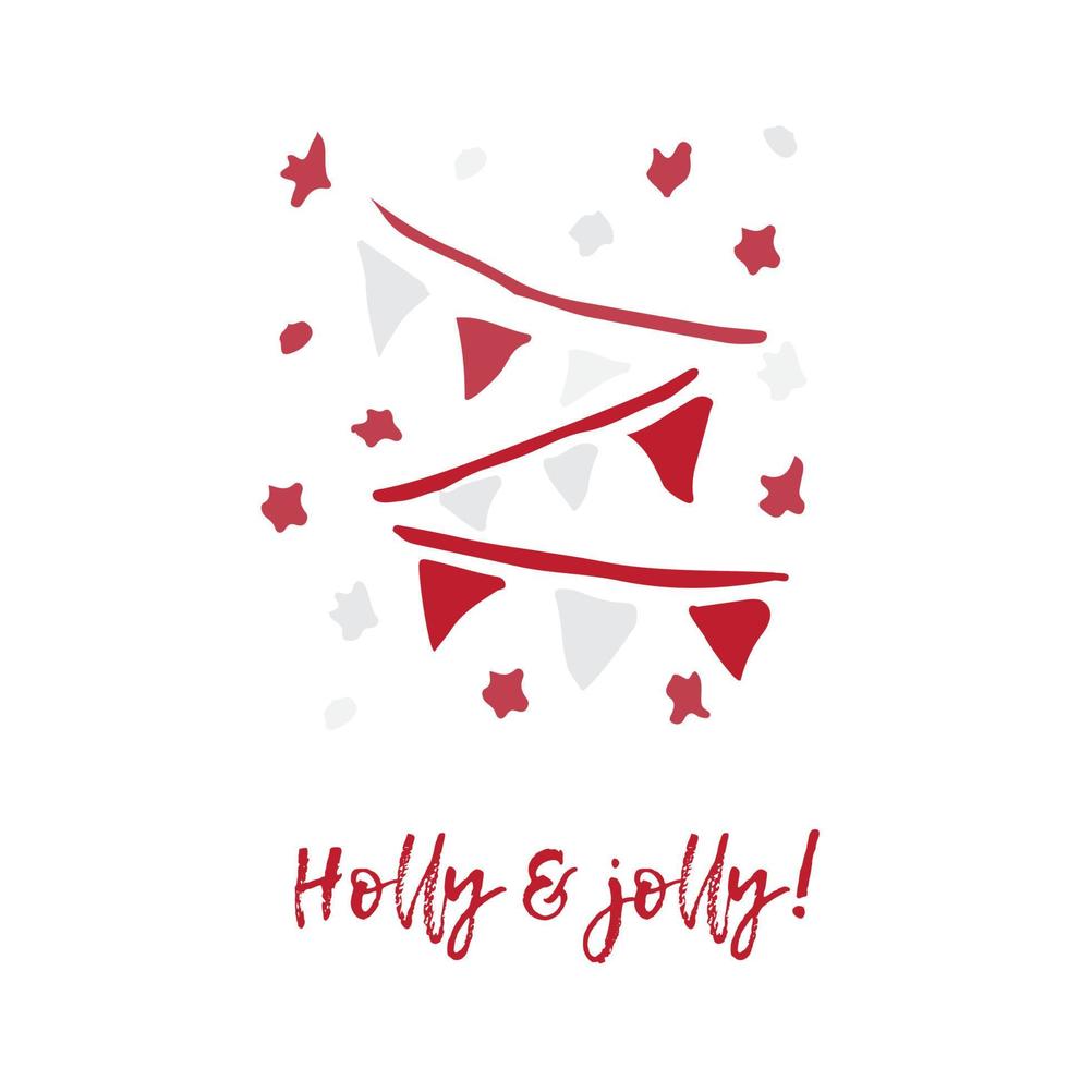 Hand-drawn festive Christmas and New Year card with holiday symbols flag and calligraphic greeting inscription vector