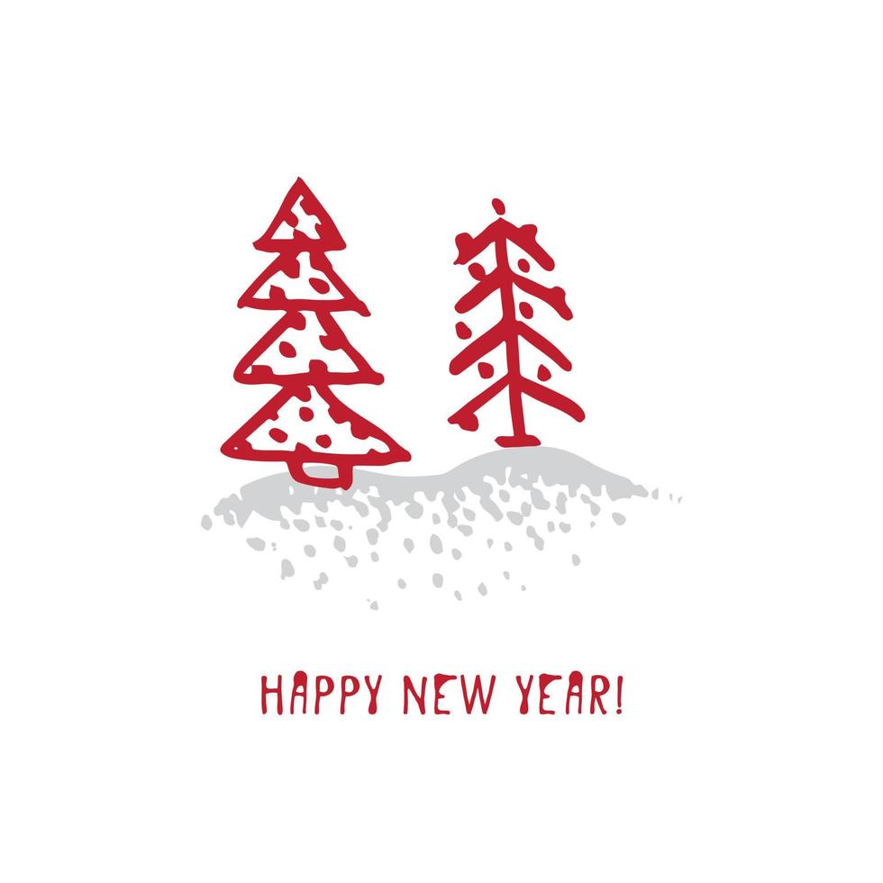 Hand-drawn festive Christmas and New Year card with holiday symbols tree and calligraphic greeting inscription vector
