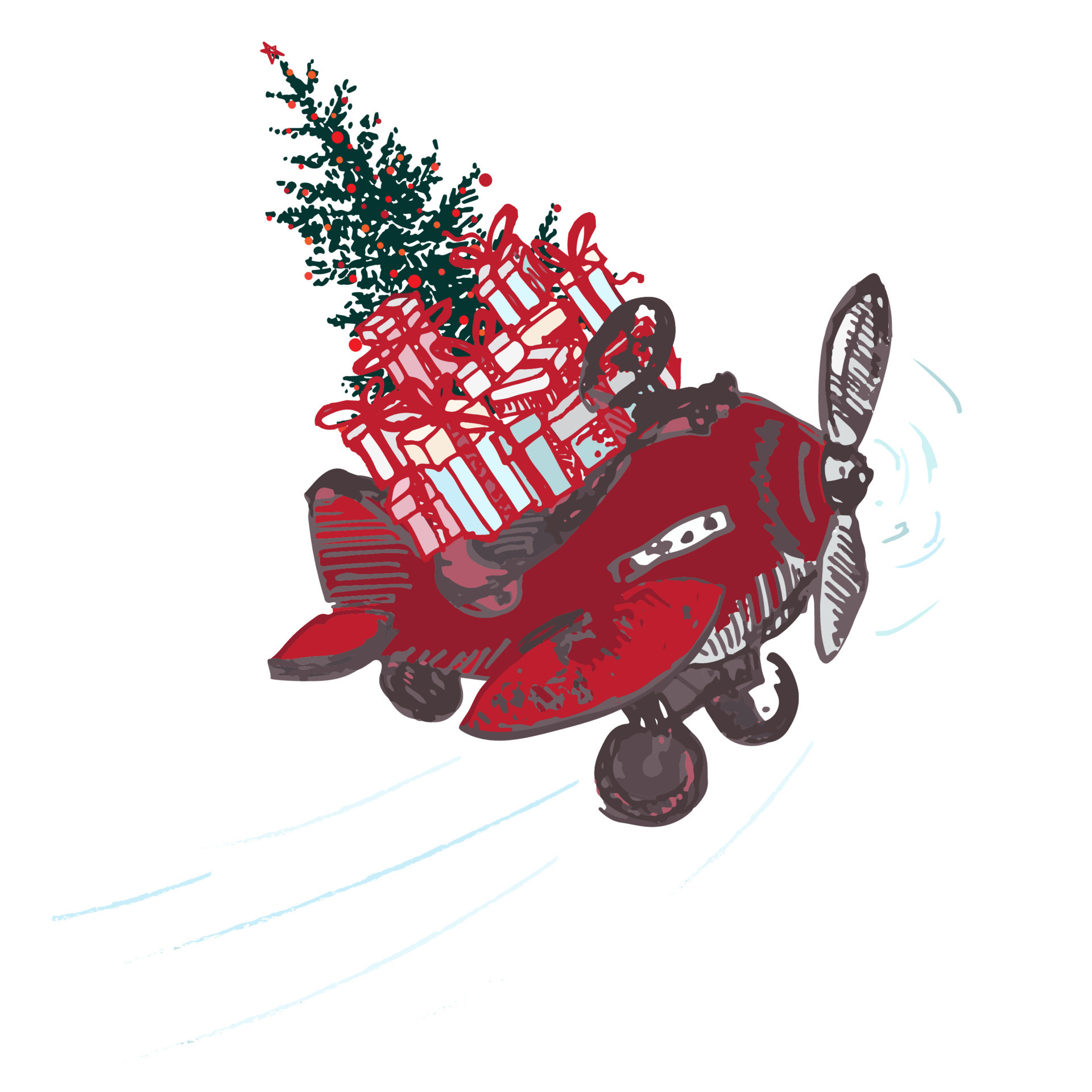 Festive Christmas card. Red airplane with fir tree decorated red balls