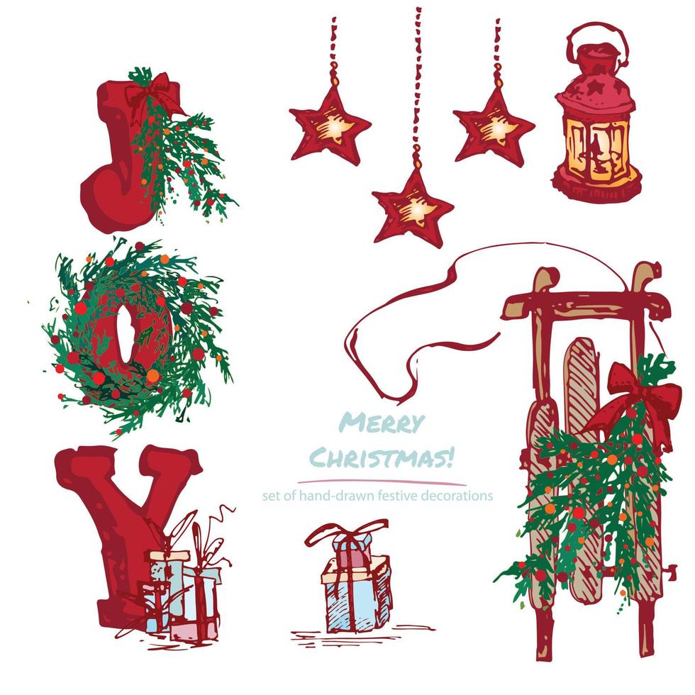 Set hand-drawn holiday gifts and Christmas wreath. Vintage grunge style. Quick ink brush sketch vector