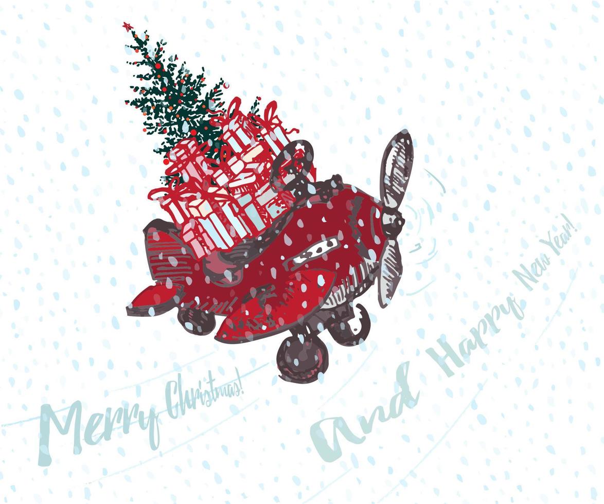 tarjeta navideña festiva. avión rojo con abeto decorado con bolas rojas y regalos en el techo. fondo blanco cubierto de nieve y texto feliz navidad vector