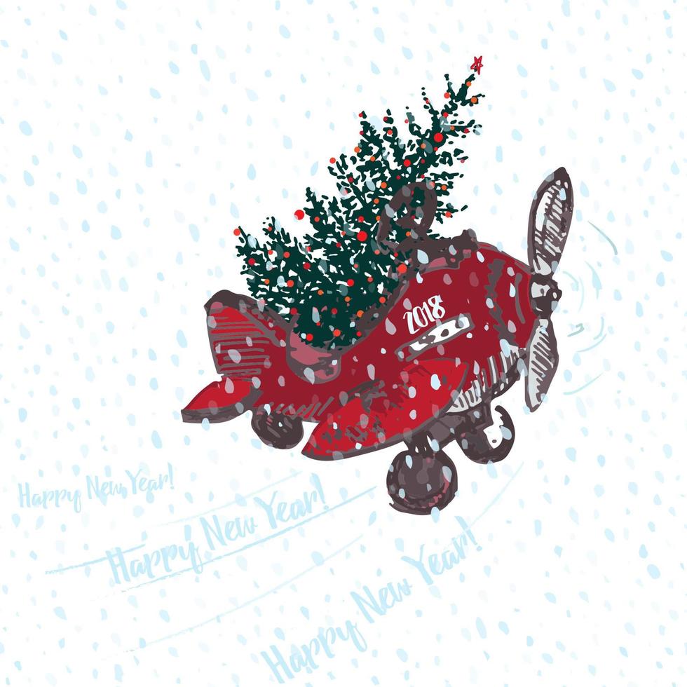 Festive 2018 New Year card. Red airplane with fir tree decorated red balls White snowy seamless background vector