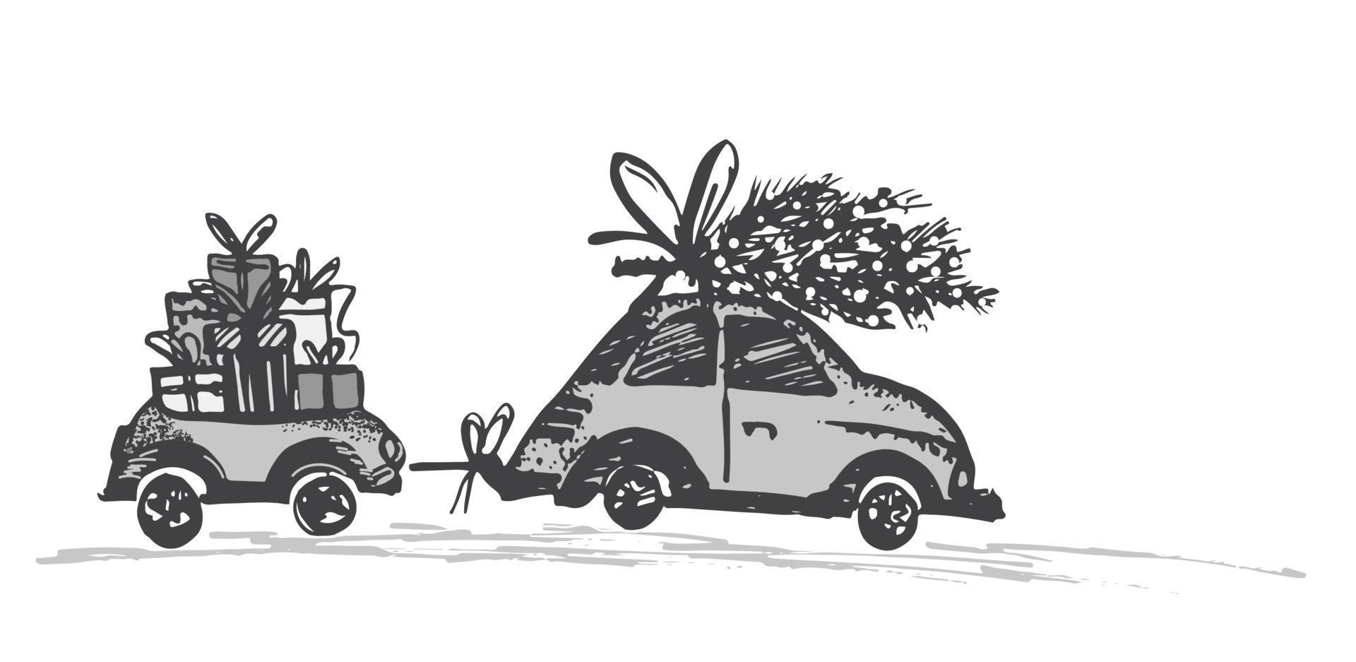 Greeting card with Christmas tree on car roof and car trailer with xmas gifts. vector