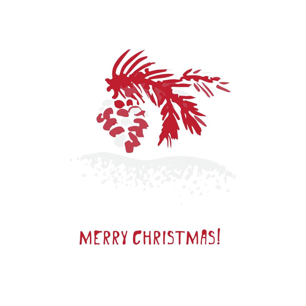 Hand-drawn festive Christmas and New Year card with holiday symbols tree, pine cone and calligraphic greeting inscription vector