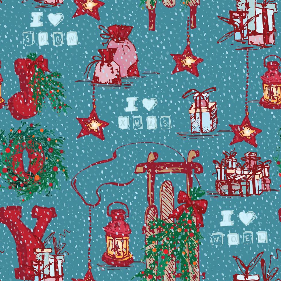 Vintage seamless Merry christmas pattern in hand drawn style on blue background. Gift holiday winter line icon vector