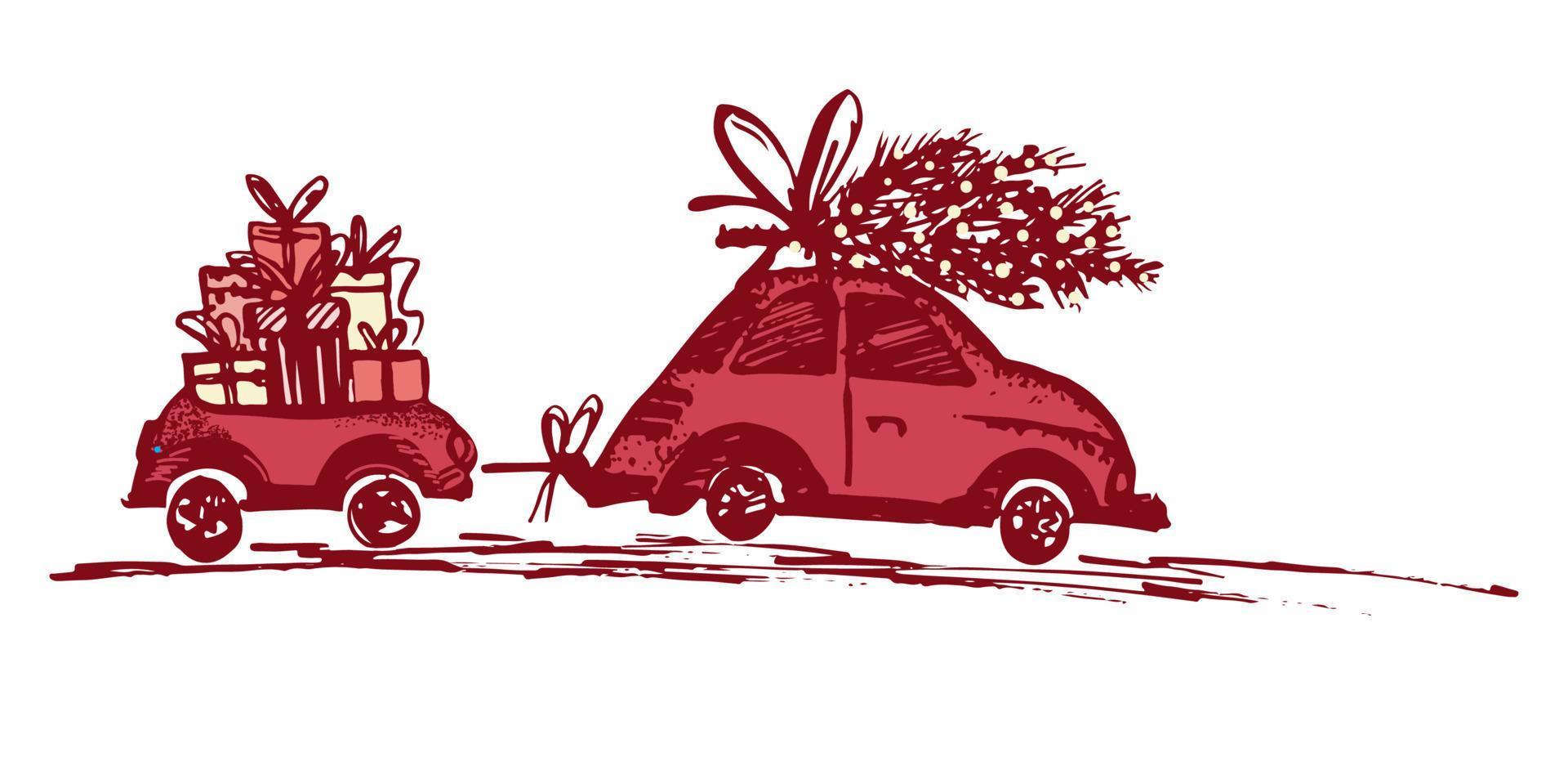 Greeting card with Christmas tree on car roof and car trailer with xmas gifts. vector