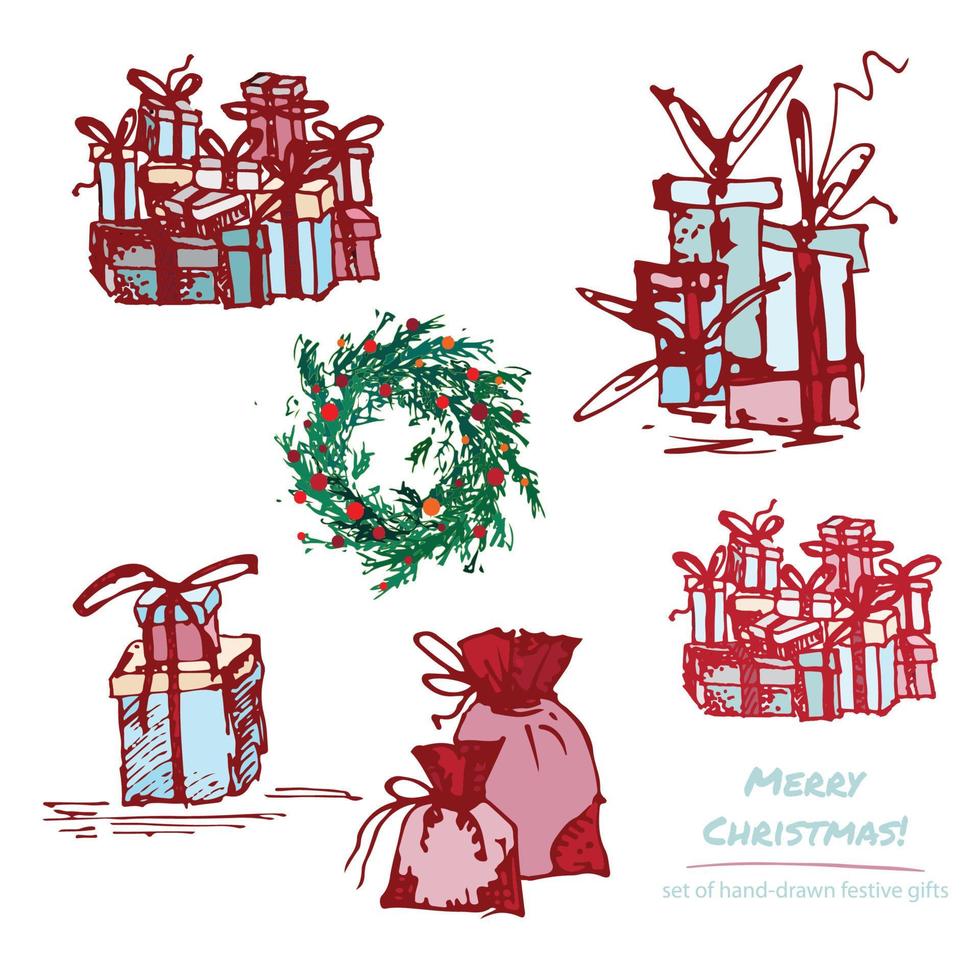 Set hand-drawn holiday gifts and Christmas wreath. Vintage grunge style. Quick ink brush sketch vector