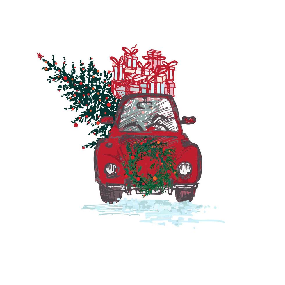 Festive Christmas card. Red car with fir tree decorated red balls and gifts on roof. White background vector