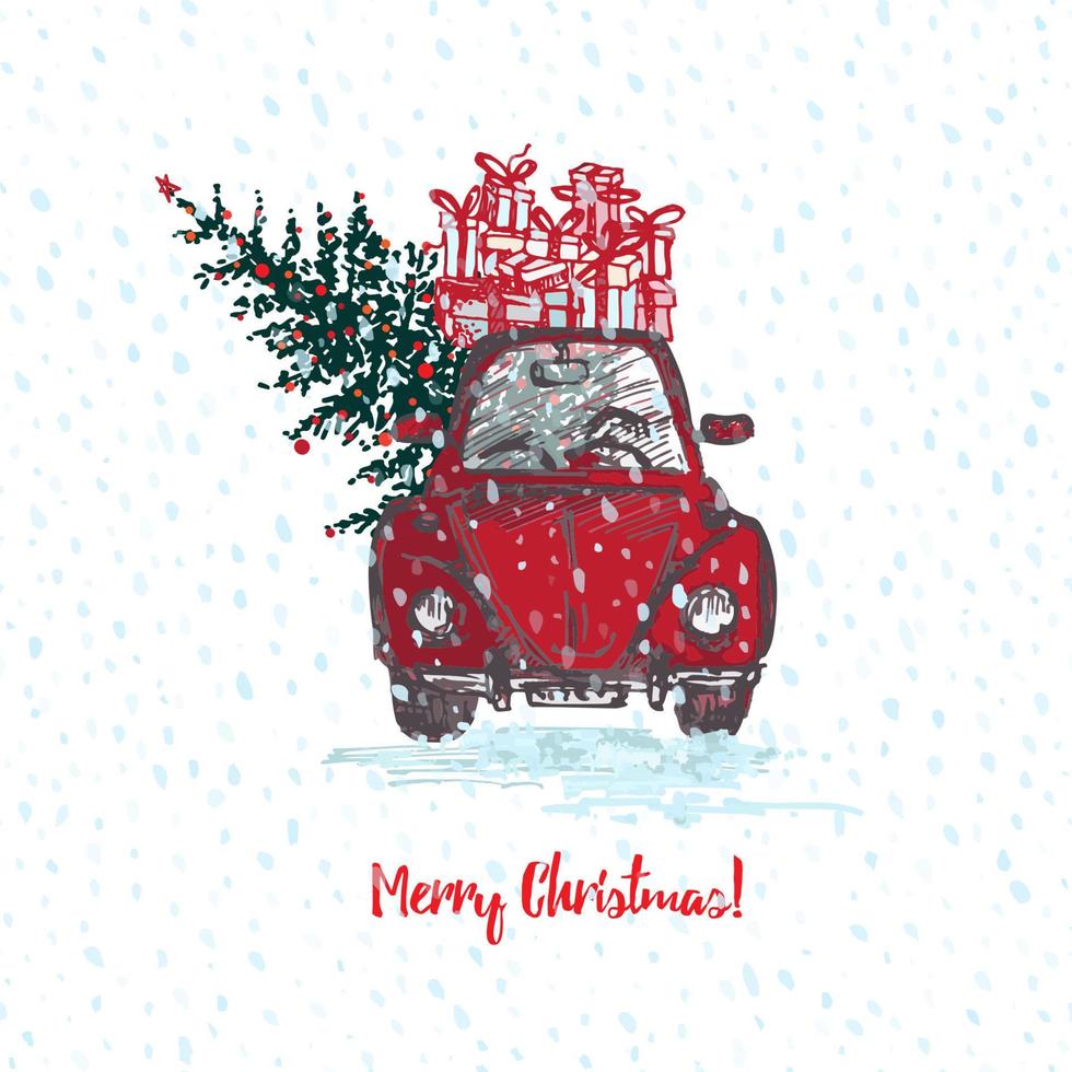 Festive Christmas card. Red car with fir tree decorated red balls and gifts on roof. White snowy seamless background and text Merry Christmas vector